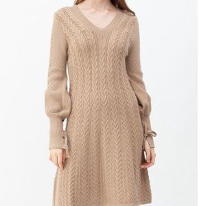 Chicwish LACE UP SLEEVES V-NECK BRAID KNIT DRESS IN CAMEL